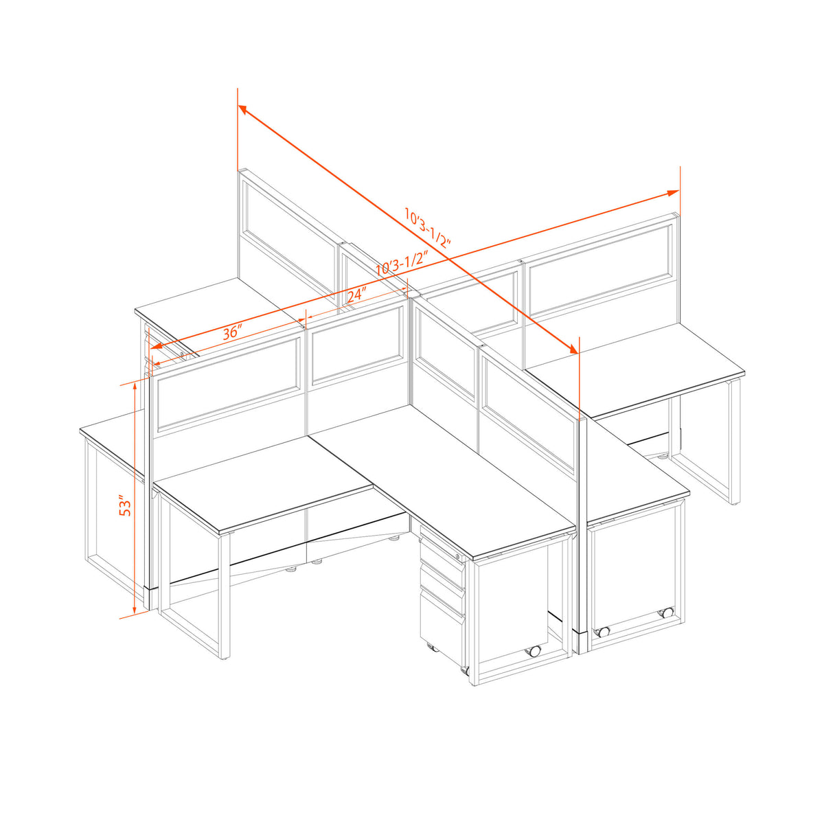 Benching Workstations With Glass 53H 4-Pack X-Shape Non-Powered