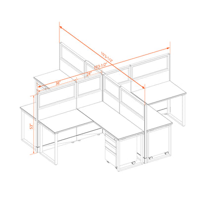Benching Workstations With Glass 53H 4-Pack X-Shape Non-Powered
