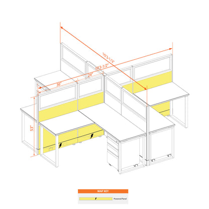 Benching Workstations With Glass 53H 4-Pack X-Shape Powered