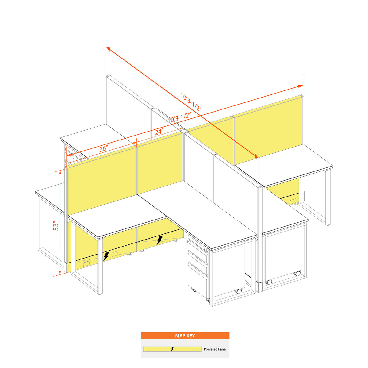 Benching Workstations 53H 4-Pack X-Shape Powered