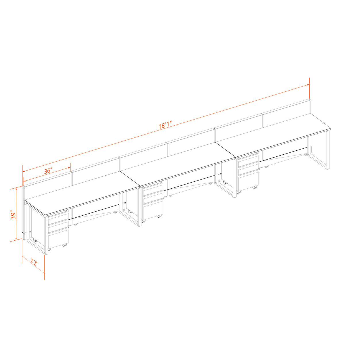 Benching Workstations 39H 3-Pack In-Line Non-Powered