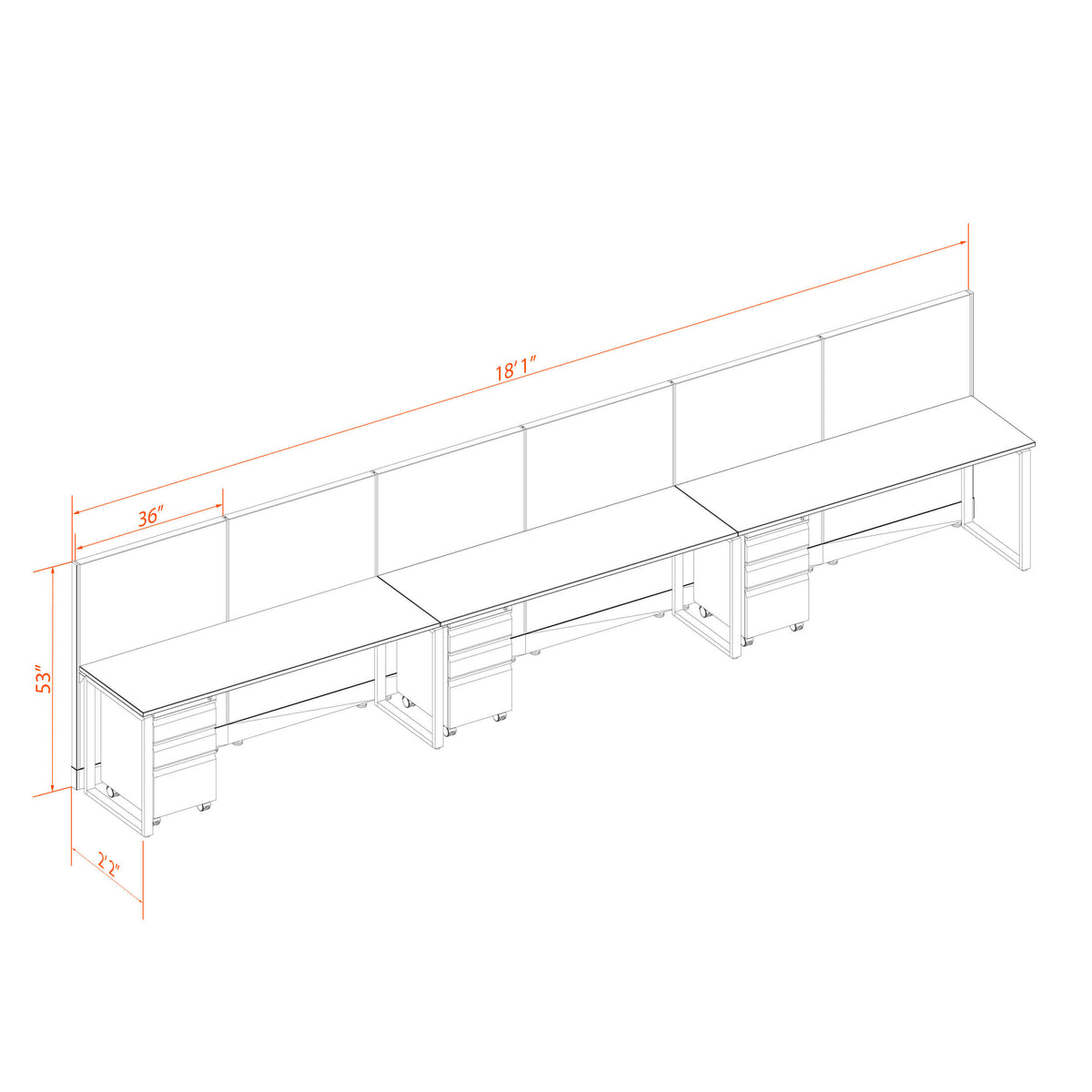 Benching Workstations 53H 3-Pack In-Line Non-Powered