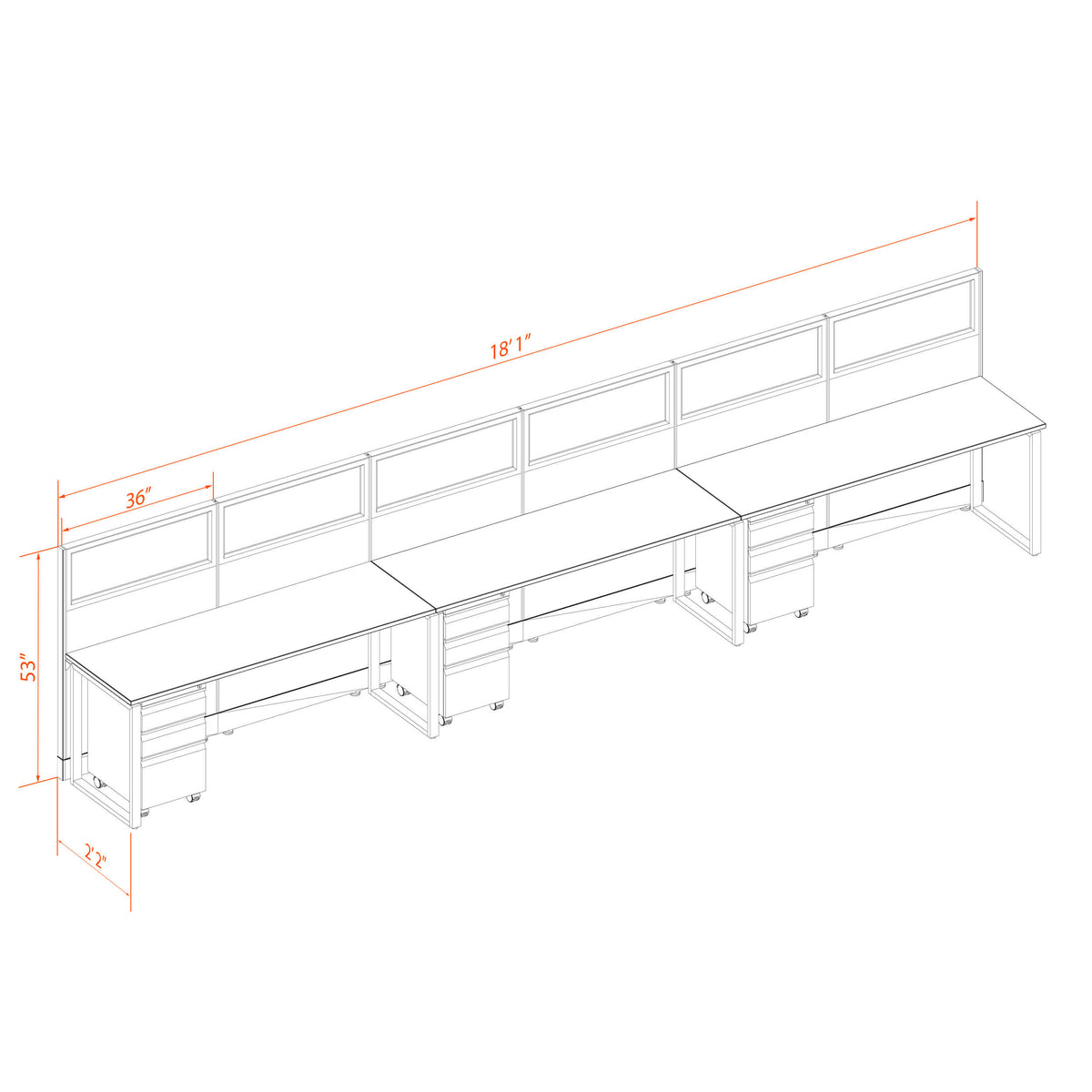 Benching Workstations With Glass 53H 3-Pack In-Line Non-Powered