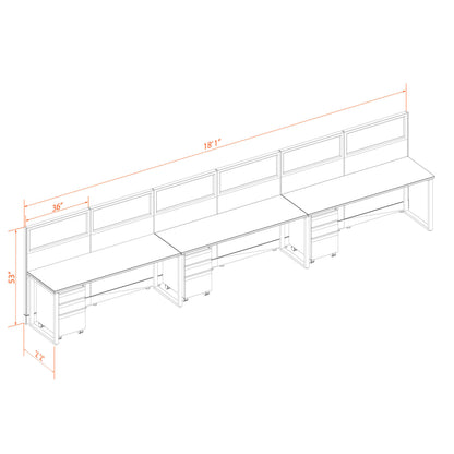 Benching Workstations With Glass 53H 3-Pack In-Line Non-Powered