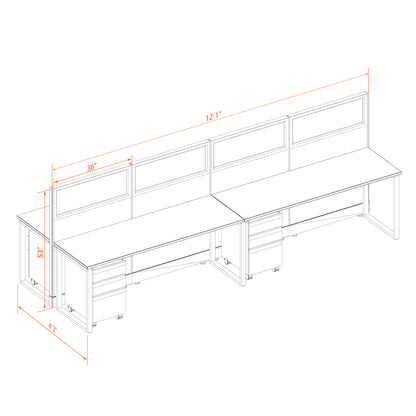 Benching Workstations With Glass 53H 4-Pack Cluster Non-Powered