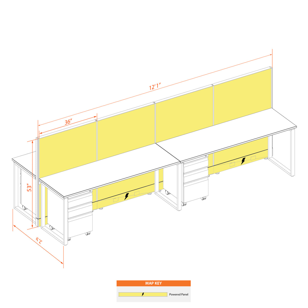 Benching Workstations 53H 4-Pack Cluster Powered