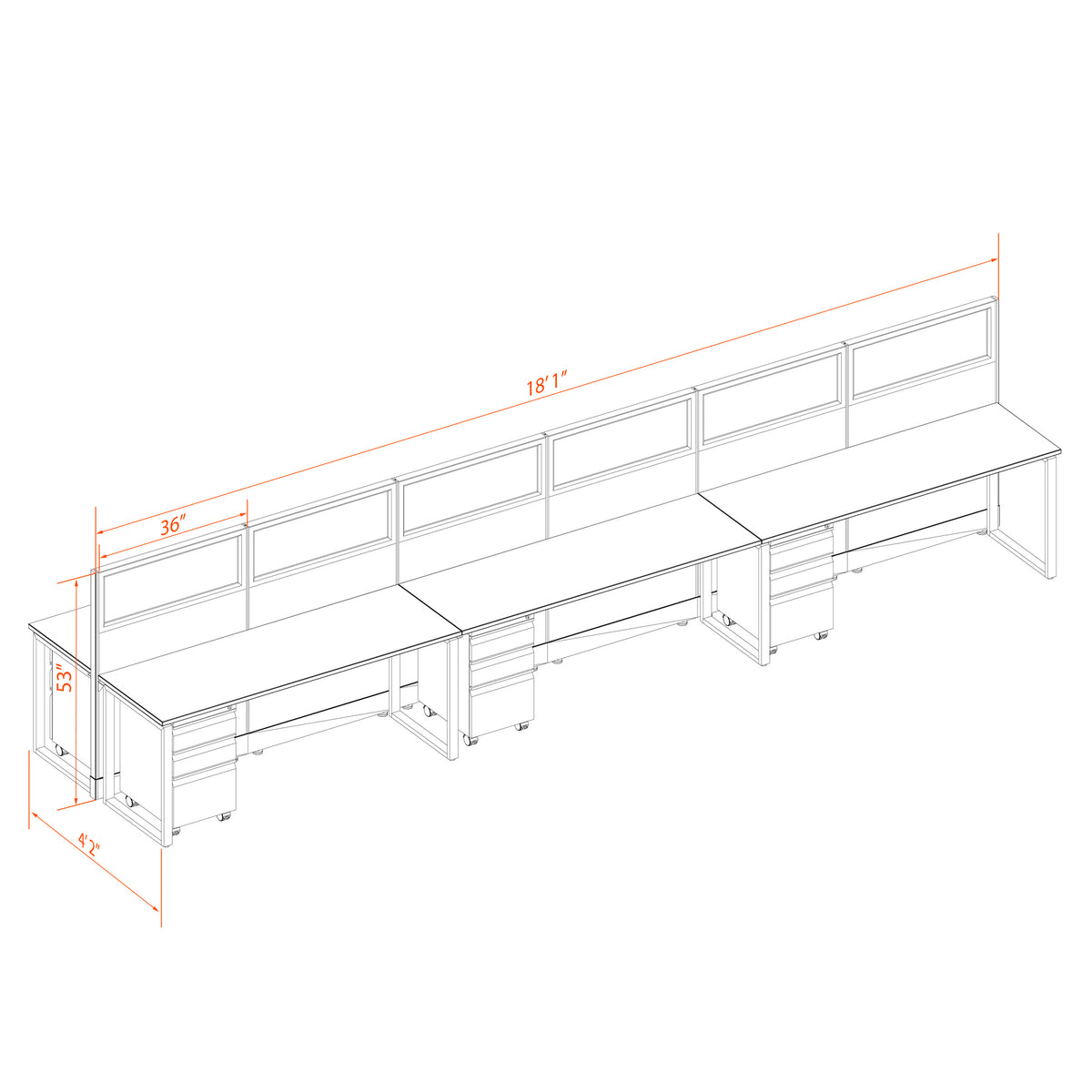 Benching Workstations With Glass 53H 6-Pack Cluster Non-Powered
