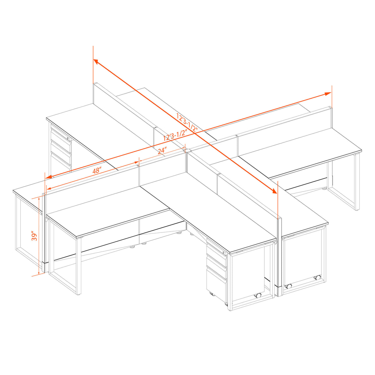 Benching Workstations 39H 4-Pack X-Shape Non-Powered
