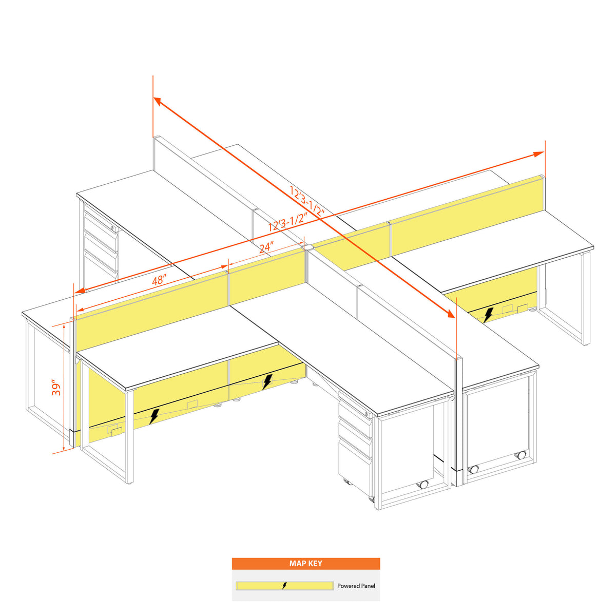 Benching Workstations 39H 4-Pack X-Shape Powered