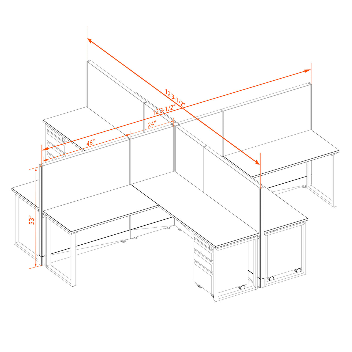 Benching Workstations 53H 4-Pack X-Shape Non-Powered