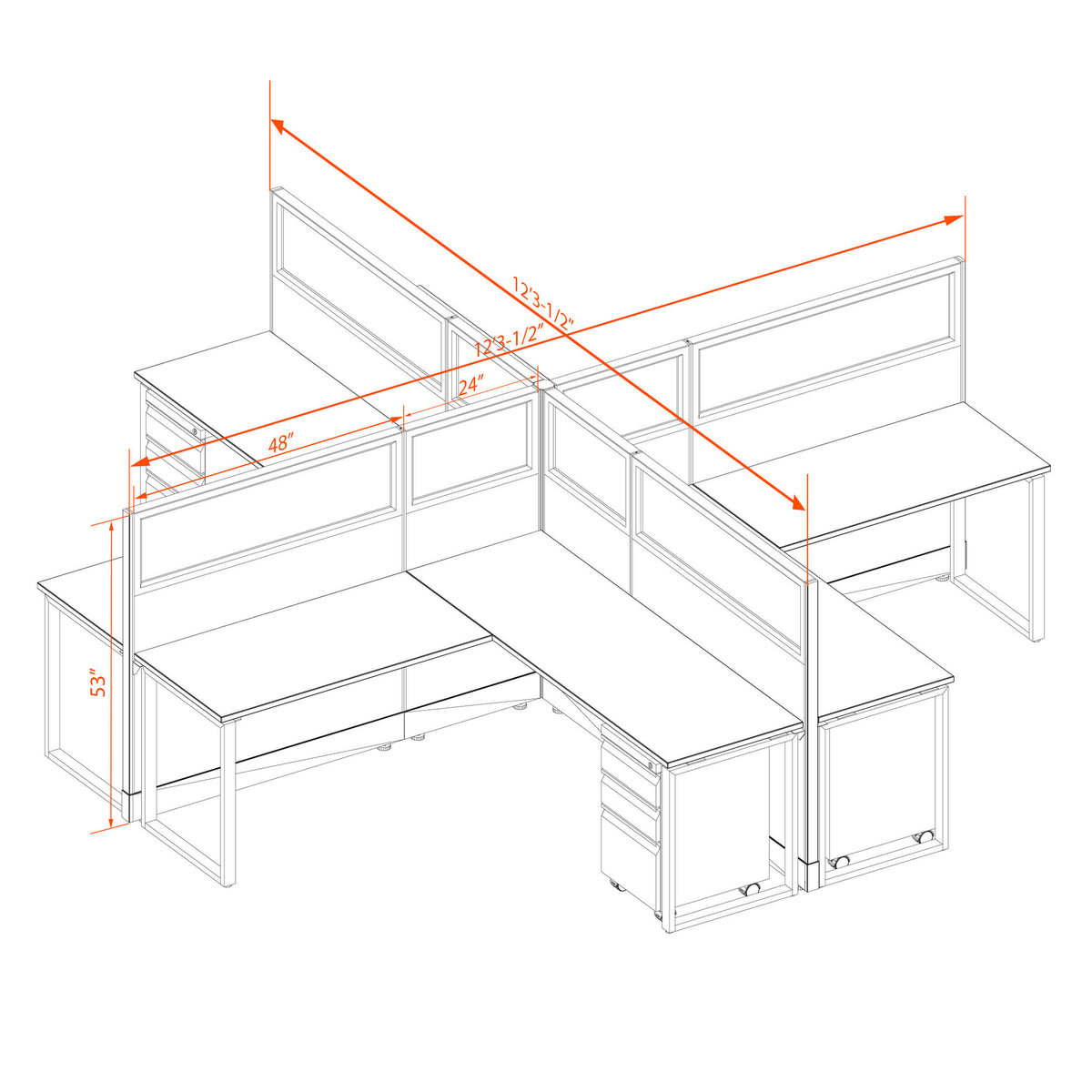 Benching Workstations With Glass 53H 4-Pack X-Shape Non-Powered