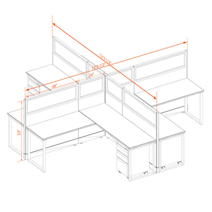 Benching Workstations With Glass 53H 4-Pack X-Shape Non-Powered