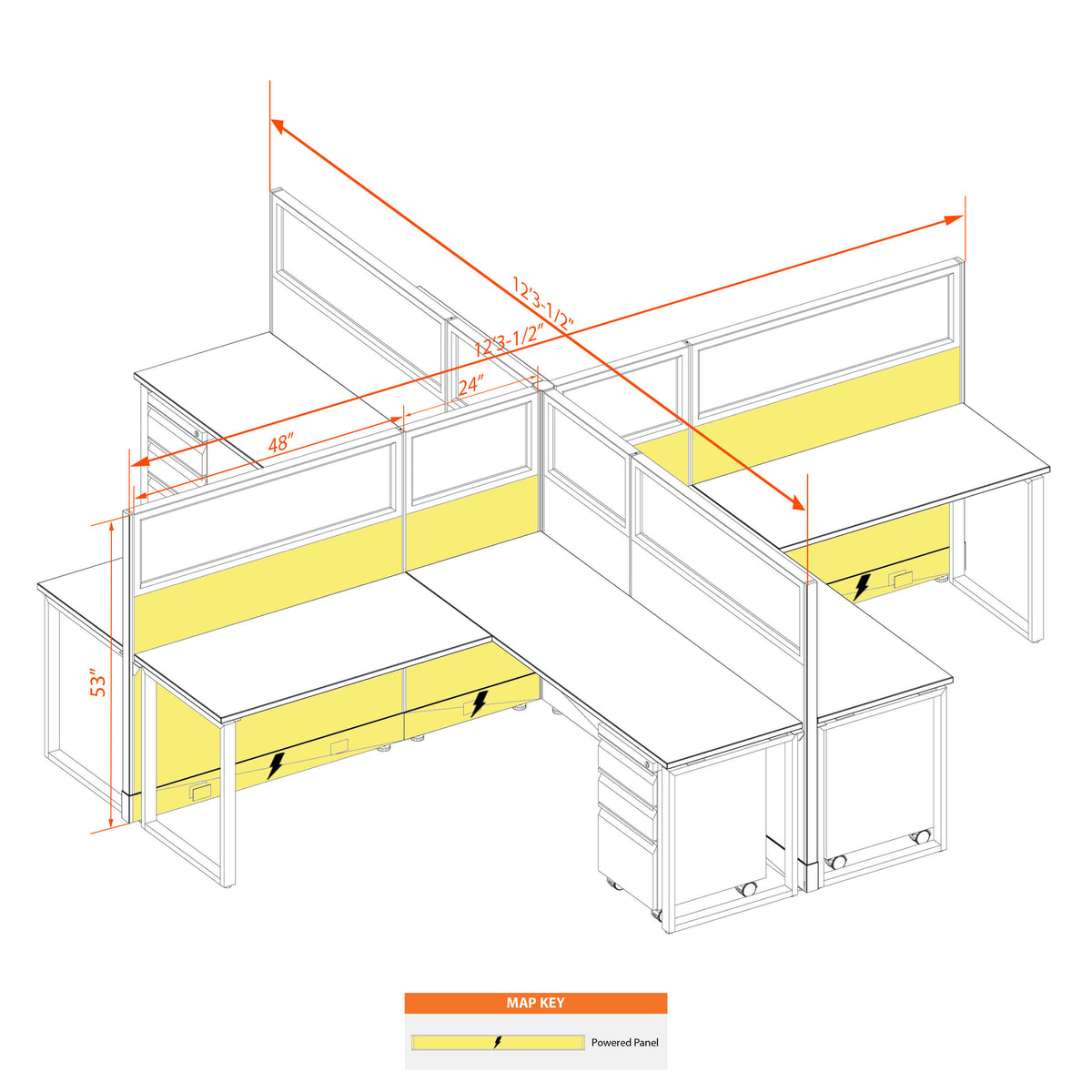 Benching Workstations With Glass 53H 4-Pack X-Shape Powered