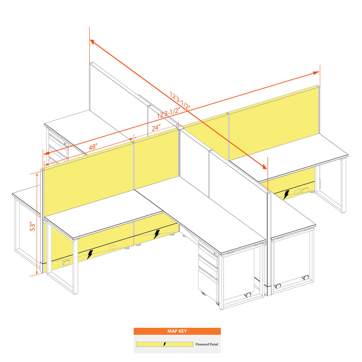 Benching Workstations 53H 4-Pack X-Shape Powered