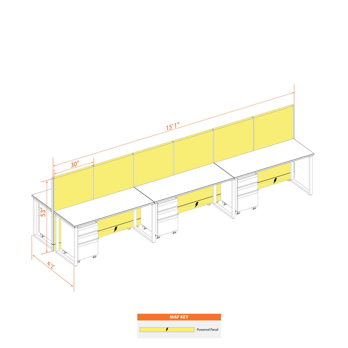 Benching Workstations 53H 6-Pack Cluster Powered