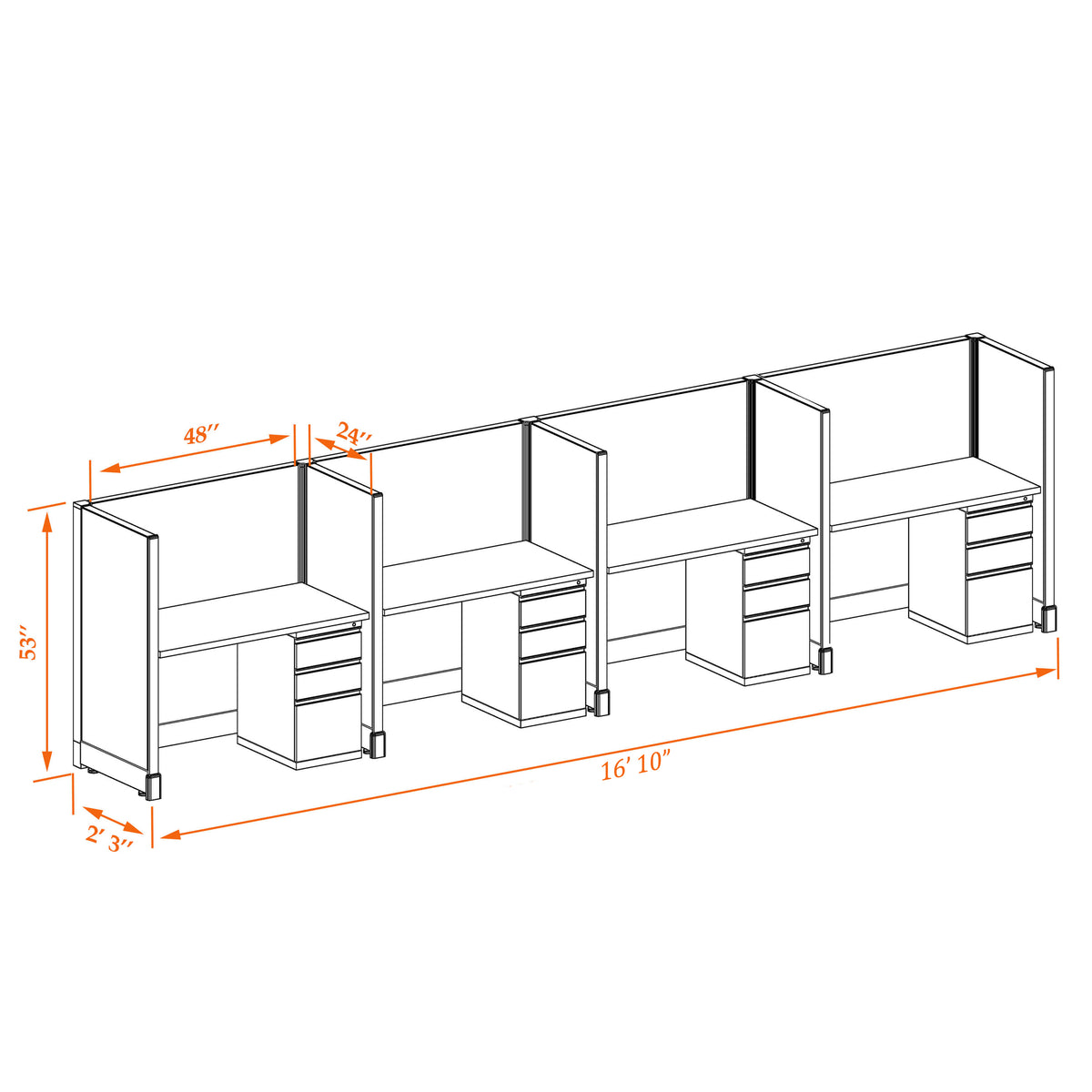 Call Center Cubicles 53H 4-Pack In-Line Non-Powered
