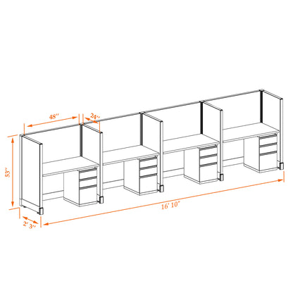 Call Center Cubicles 53H 4-Pack In-Line Non-Powered