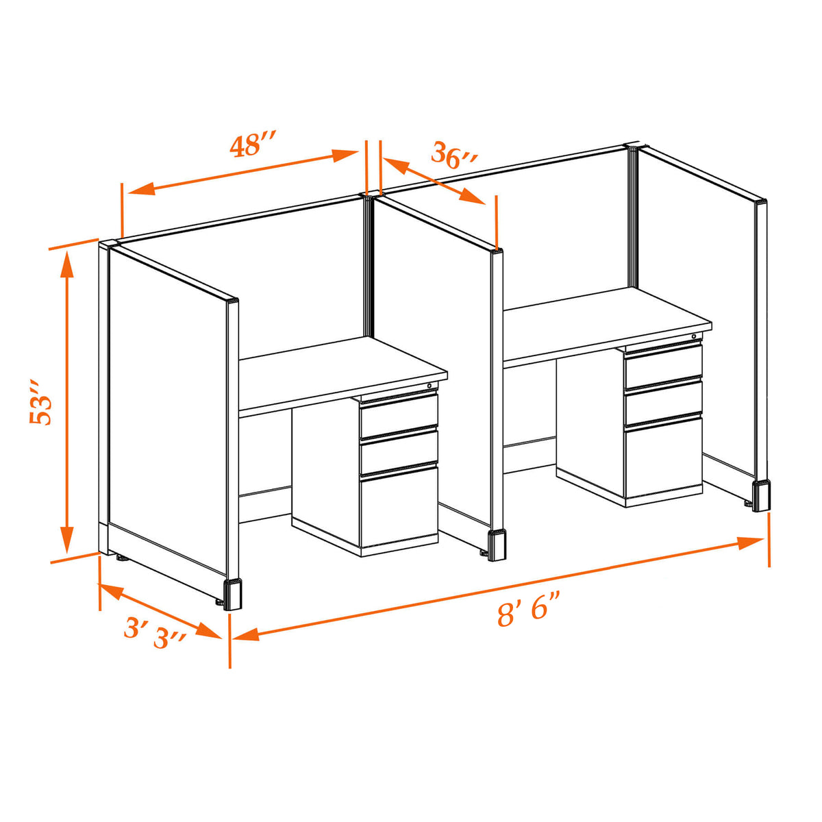 Call Center Cubicles 53H 2-Pack In-Line Non-Powered