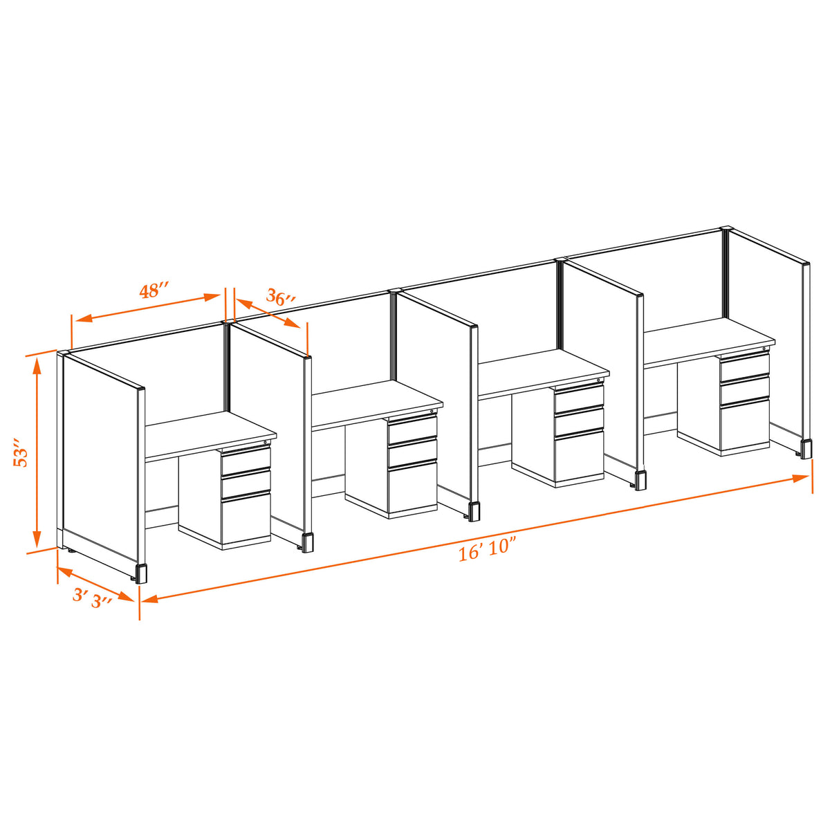 Call Center Cubicles 53H 4-Pack In-Line Non-Powered