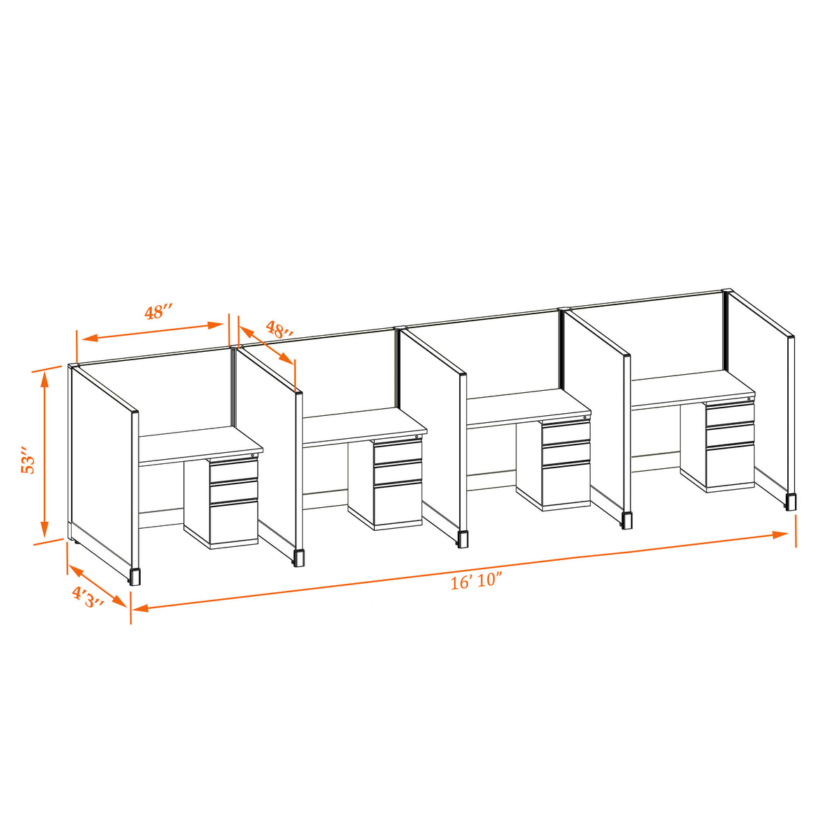 Call Center Cubicles 53H 4-Pack In-Line Non-Powered