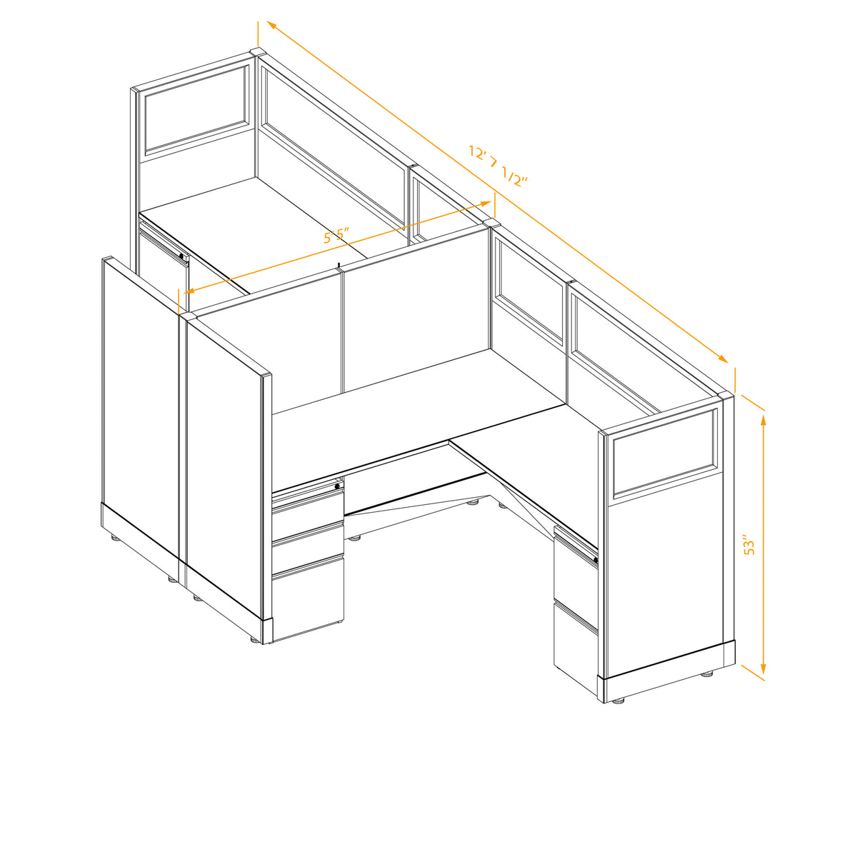 L-Shaped Cubicles Partial Glass 53H 2-Pack Cluster Non-Powered