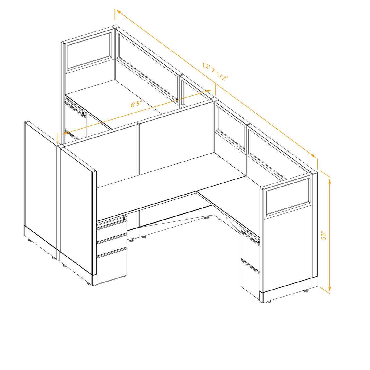 L-Shaped Cubicles Partial Glass 53H 2-Pack Cluster Non-Powered