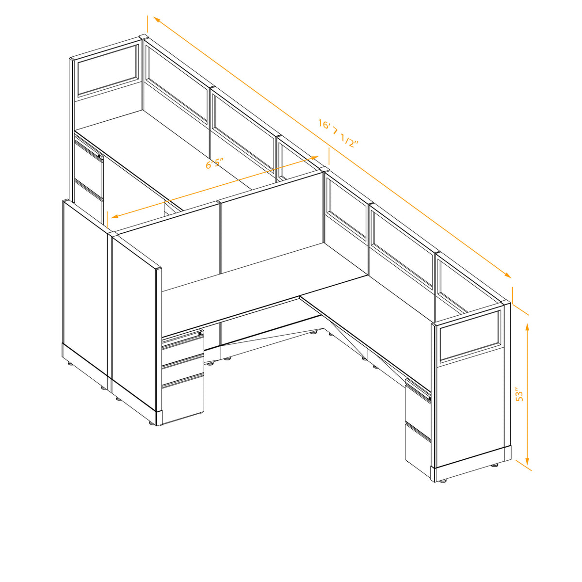 L-Shaped Cubicles Partial Glass 53H 2-Pack Cluster Non-Powered