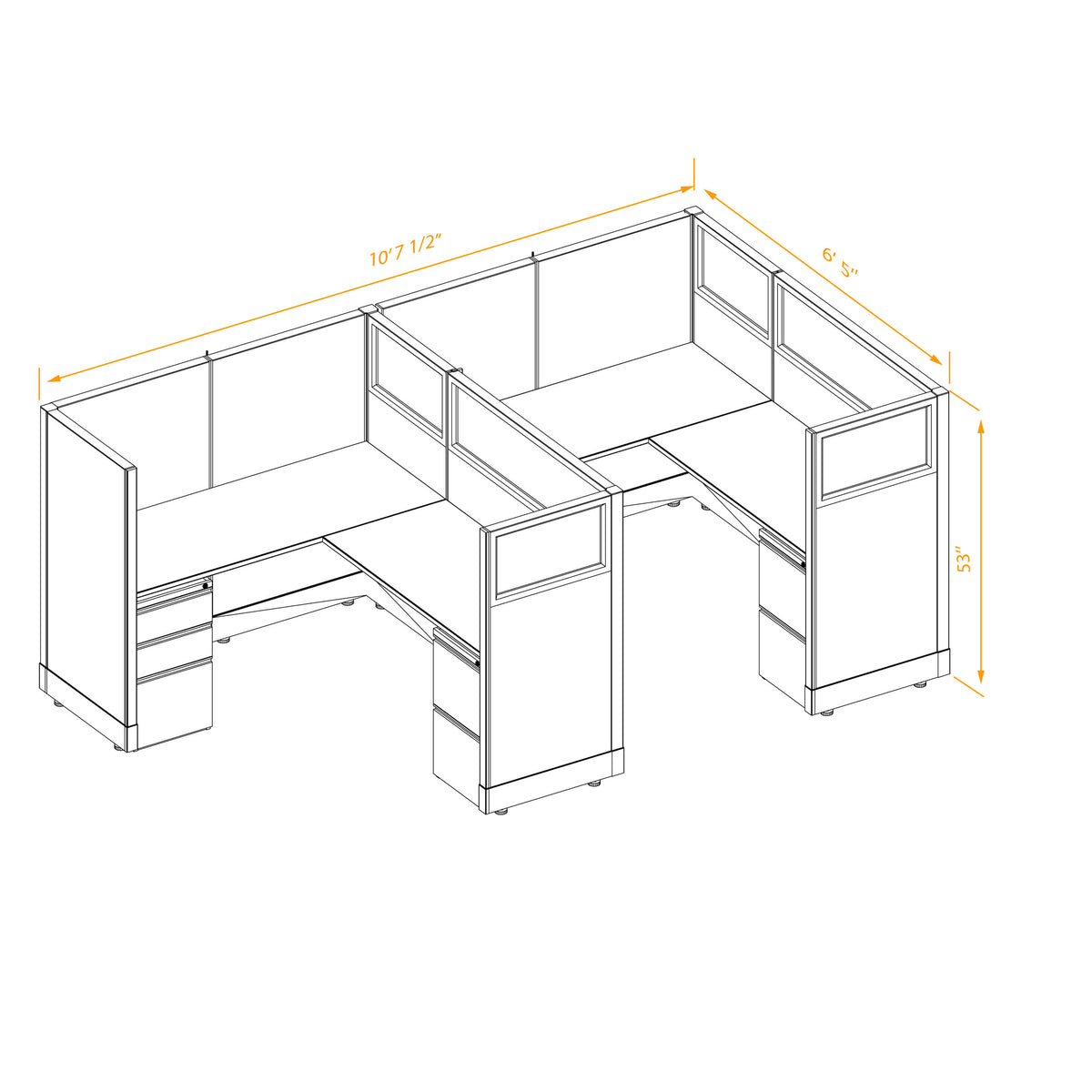 L-Shaped Cubicles Partial Glass 53H 2-Pack In-Line Non-Powered