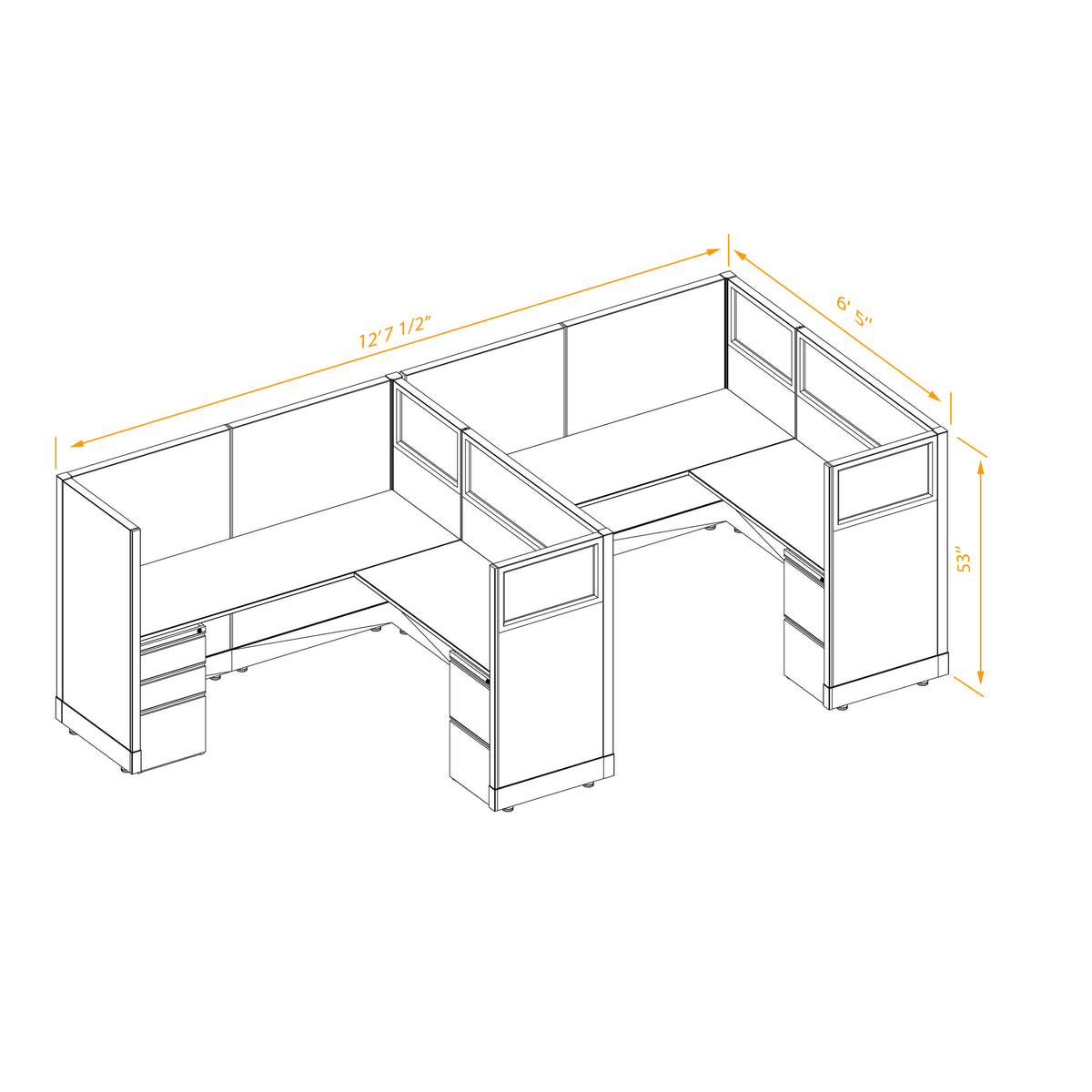 L-Shaped Cubicles Partial Glass 53H 2-Pack In-Line Non-Powered