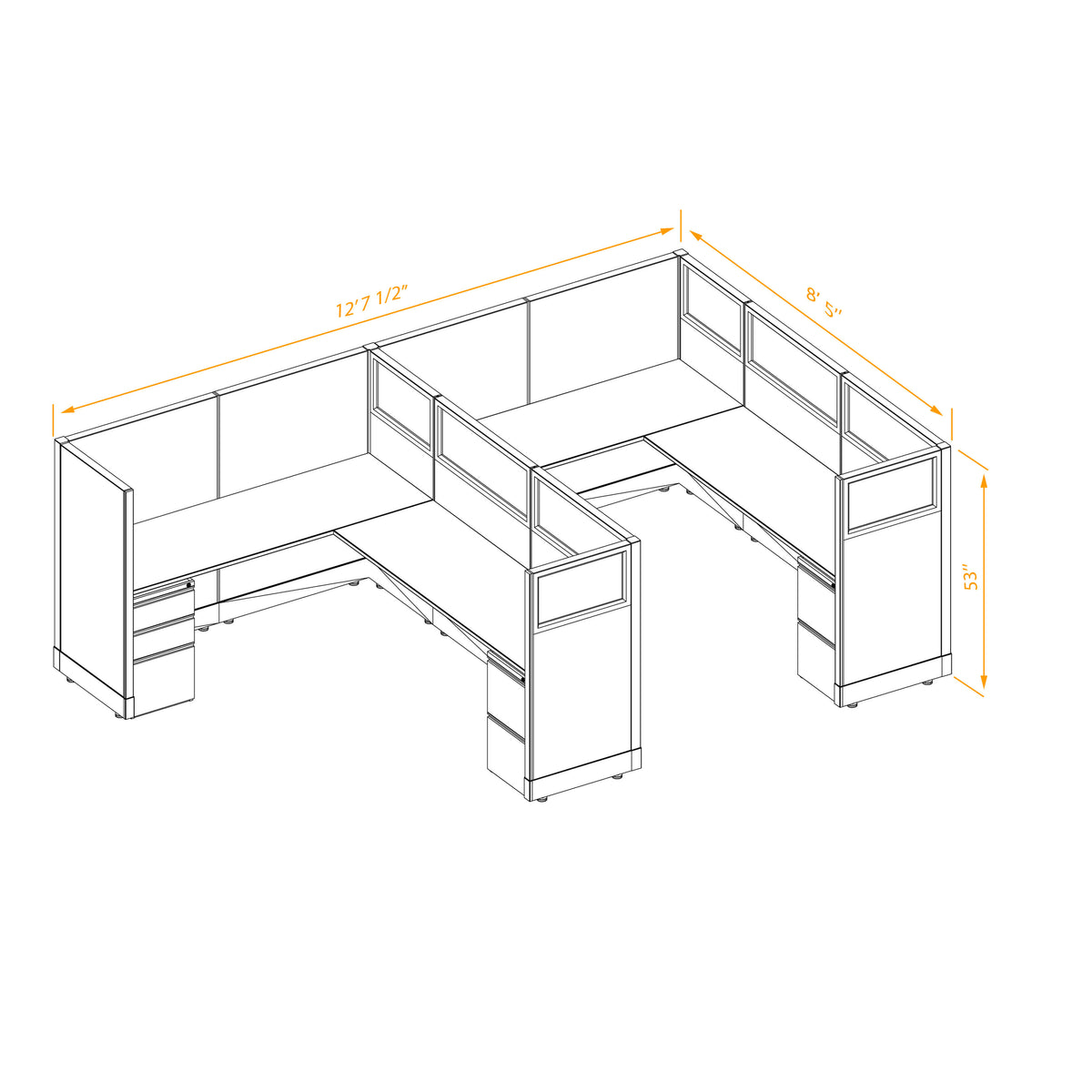 L-Shaped Cubicles Partial Glass 53H 2-Pack In-Line Non-Powered