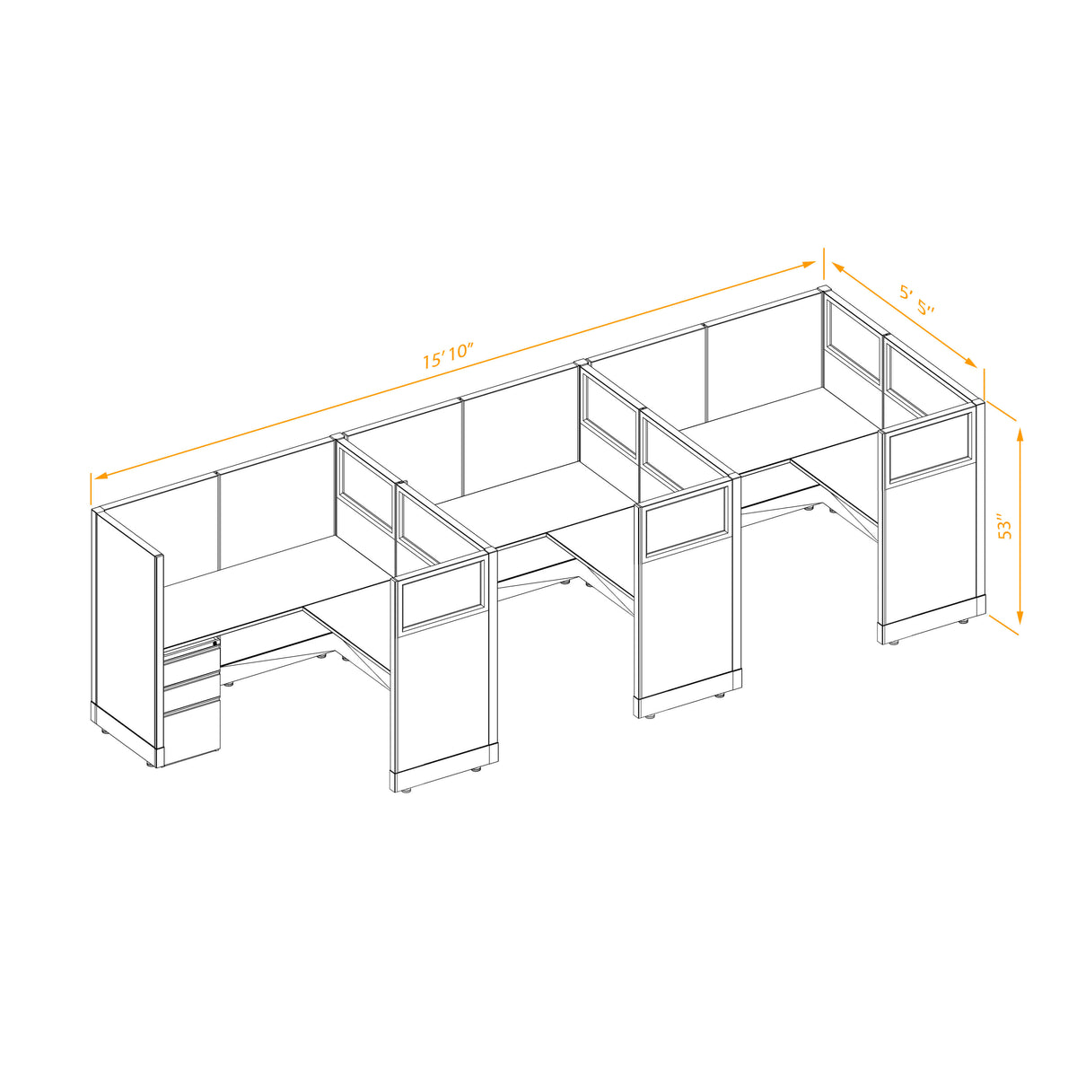 L-Shaped Cubicles Partial Glass 53H 3-Pack In-Line Non-Powered