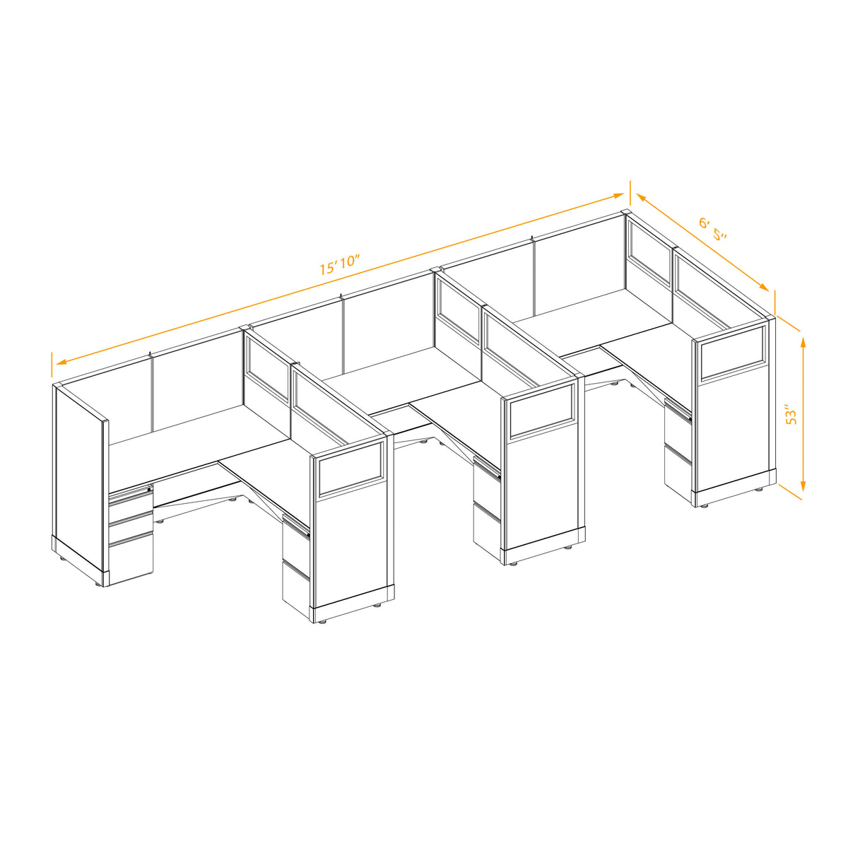 L-Shaped Cubicles Partial Glass 53H 3-Pack In-Line Non-Powered