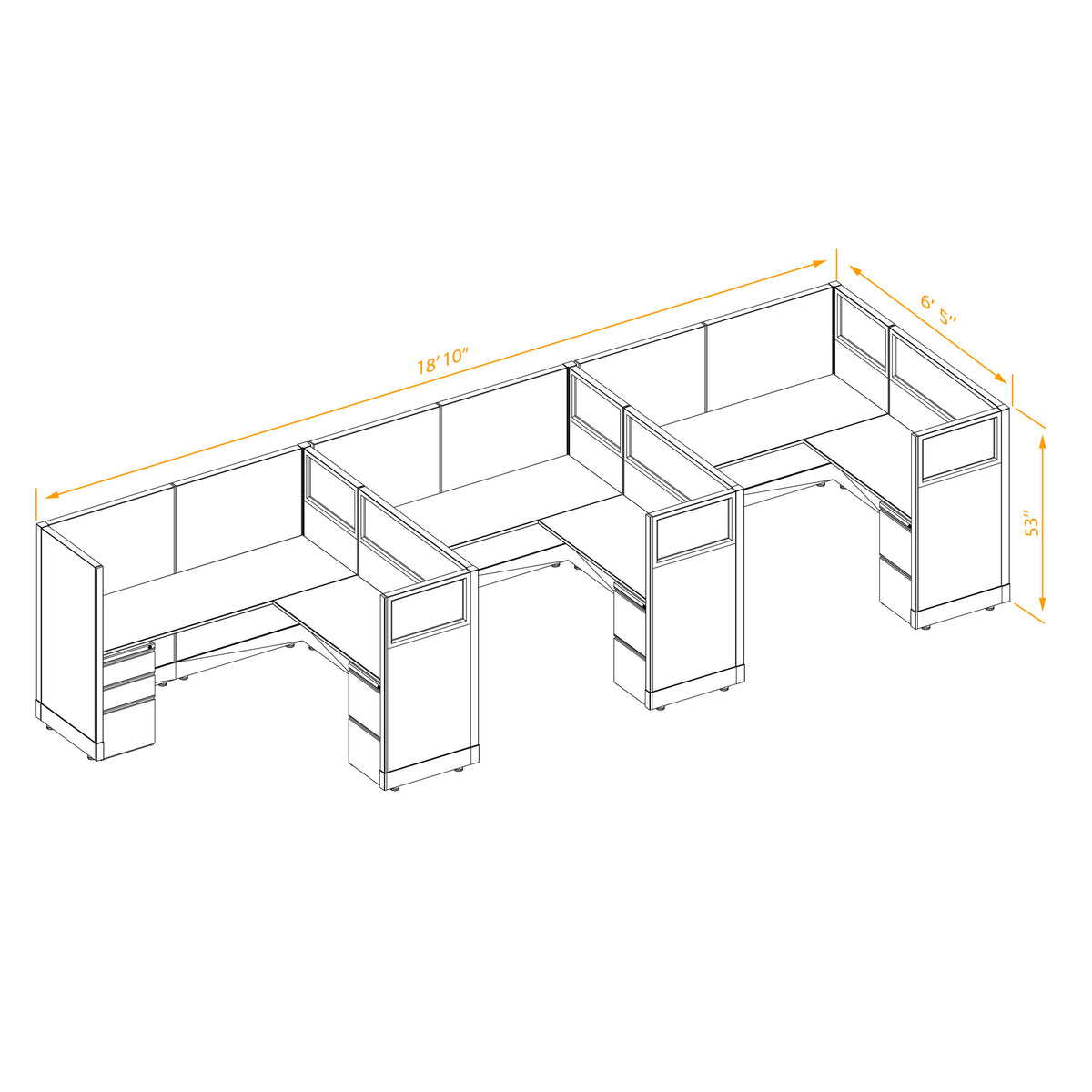L-Shaped Cubicles Partial Glass 53H 3-Pack In-Line Non-Powered