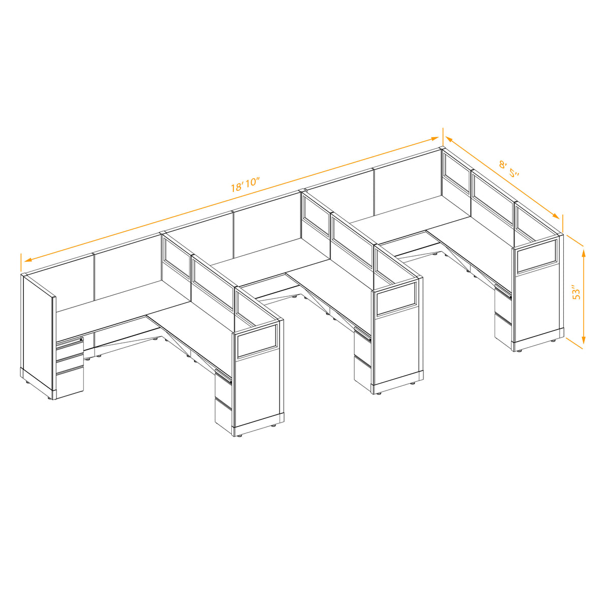 L-Shaped Cubicles Partial Glass 53H 3-Pack In-Line Non-Powered