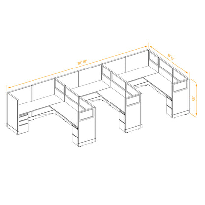 L-Shaped Cubicles Partial Glass 53H 3-Pack In-Line Non-Powered