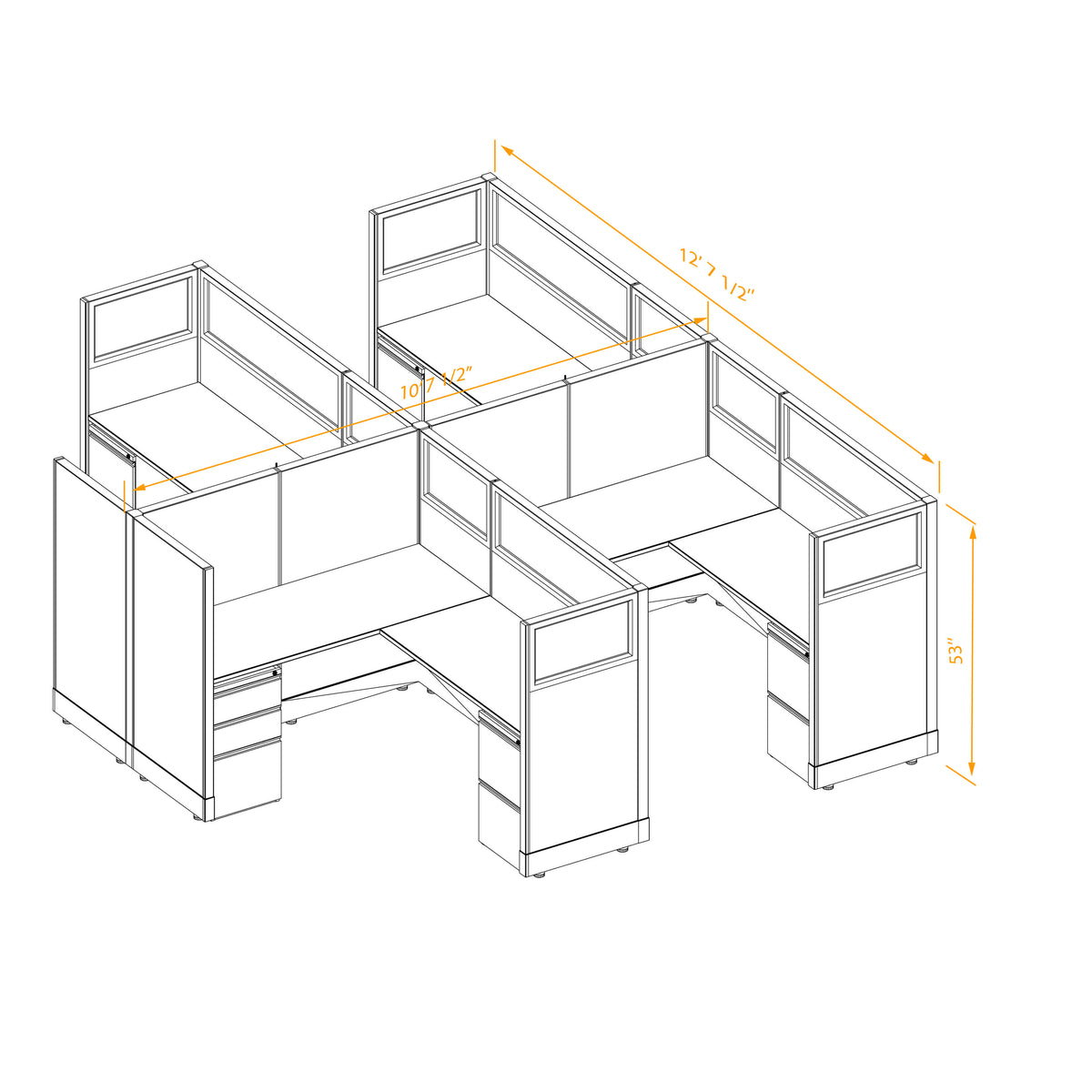 L-Shaped Cubicles Partial Glass 53H 4-Pack Cluster Non-Powered