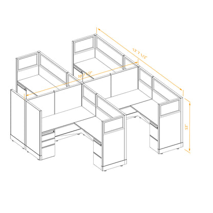 L-Shaped Cubicles Partial Glass 53H 4-Pack Cluster Non-Powered