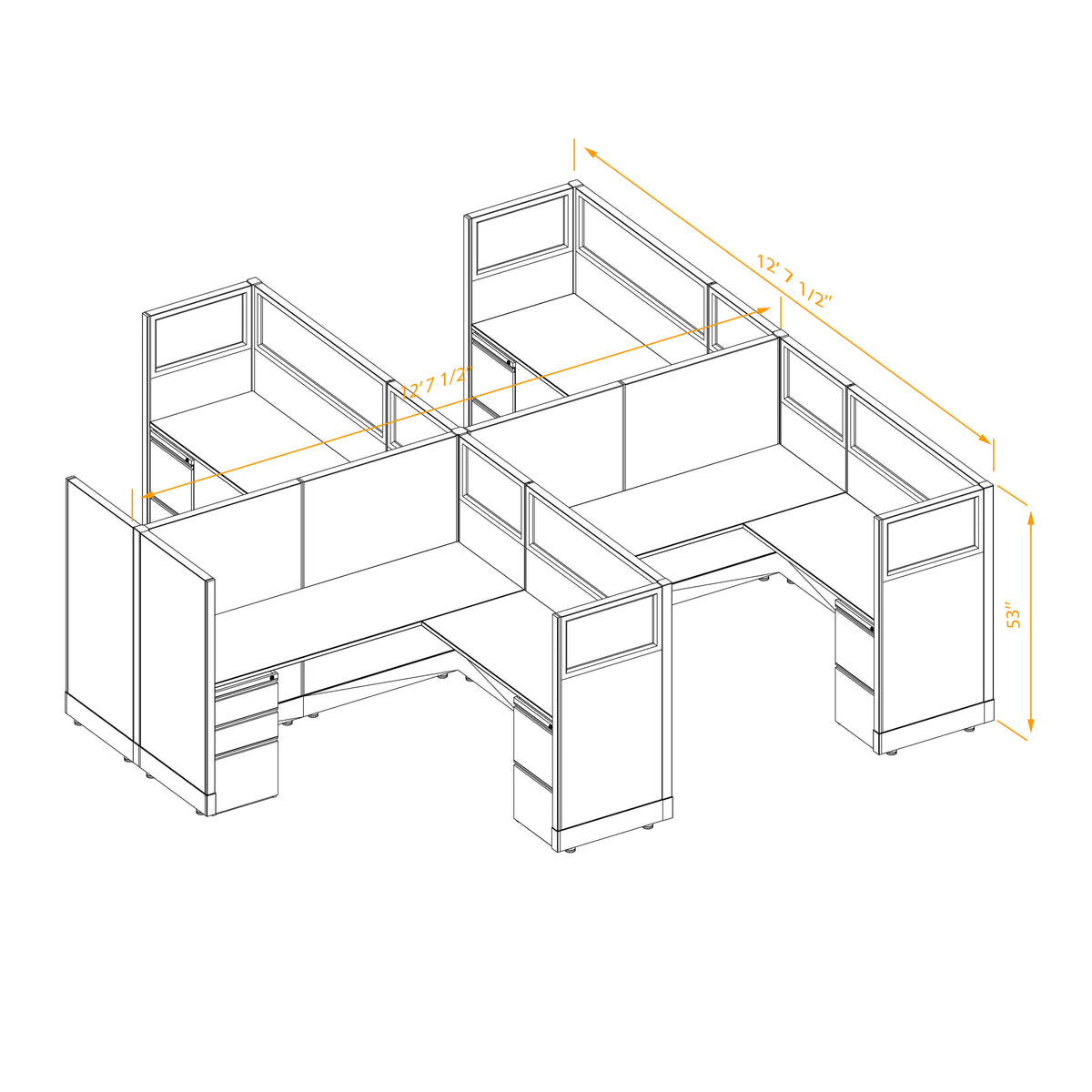 L-Shaped Cubicles Partial Glass 53H 4-Pack Cluster Non-Powered
