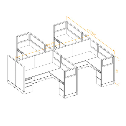 L-Shaped Cubicles Partial Glass 53H 4-Pack Cluster Non-Powered