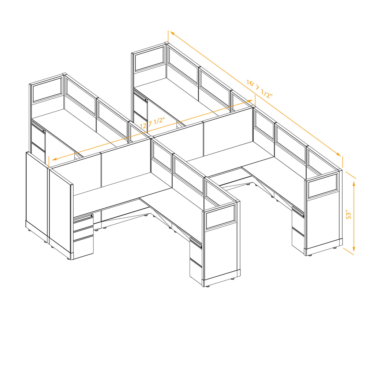 L-Shaped Cubicles Partial Glass 53H 4-Pack Cluster Non-Powered