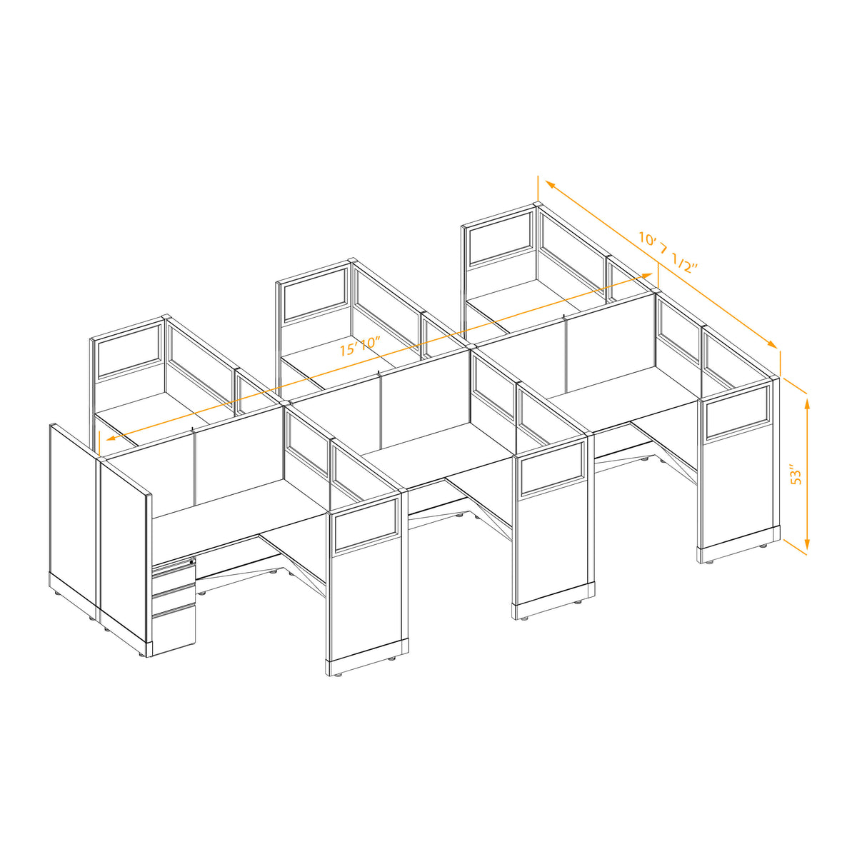 L-Shaped Cubicles Partial Glass 53H 6-Pack Cluster Non-Powered