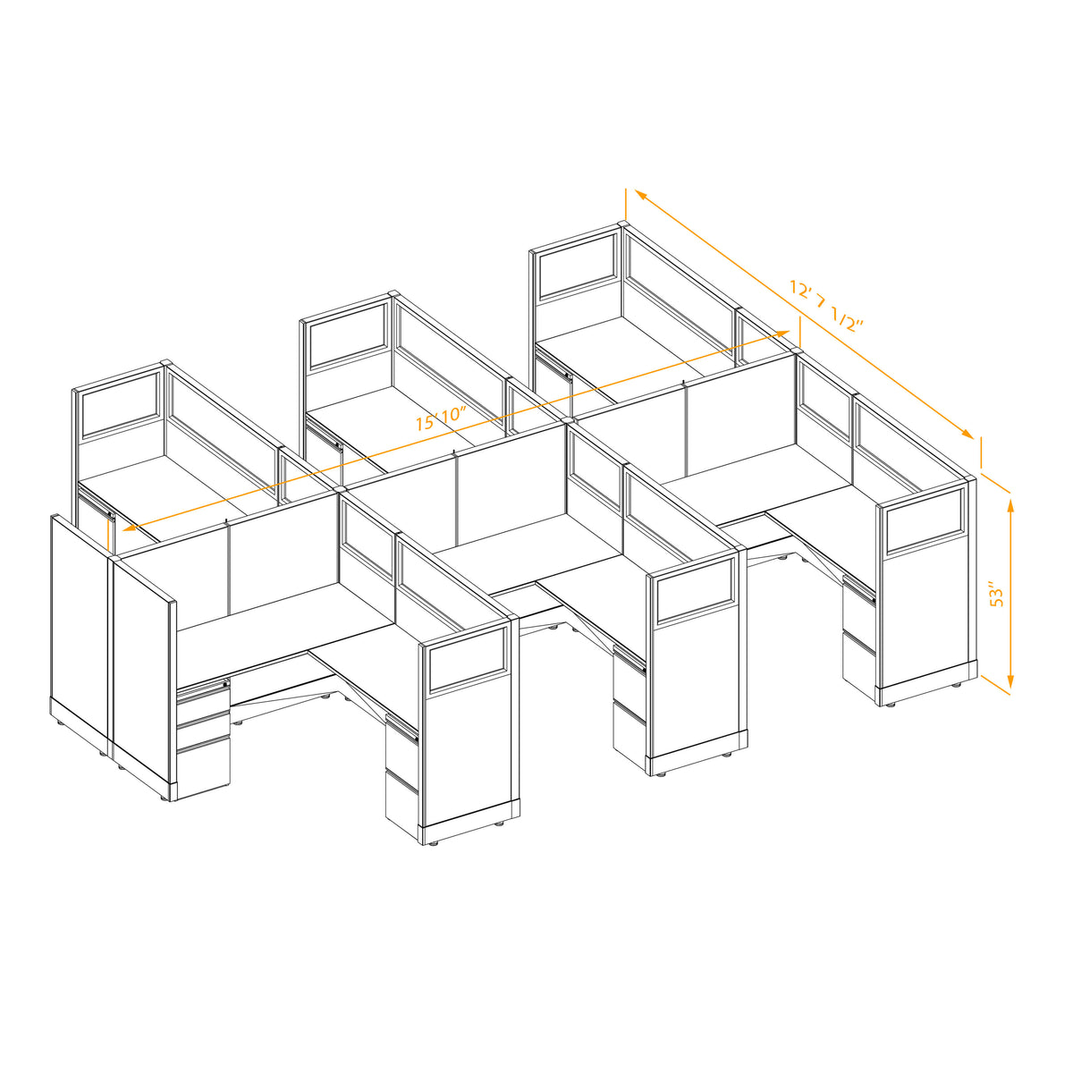 L-Shaped Cubicles Partial Glass 53H 6-Pack Cluster Non-Powered
