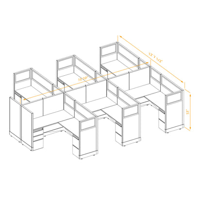 L-Shaped Cubicles Partial Glass 53H 6-Pack Cluster Non-Powered