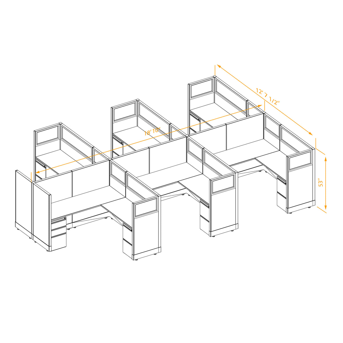 L-Shaped Cubicles Partial Glass 53H 6-Pack Cluster Non-Powered