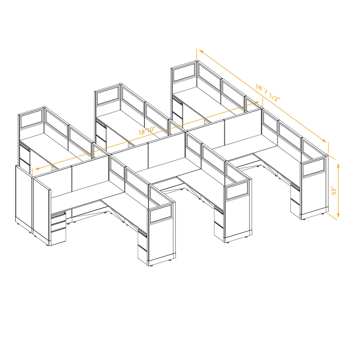 L-Shaped Cubicles Partial Glass 53H 6-Pack Cluster Non-Powered