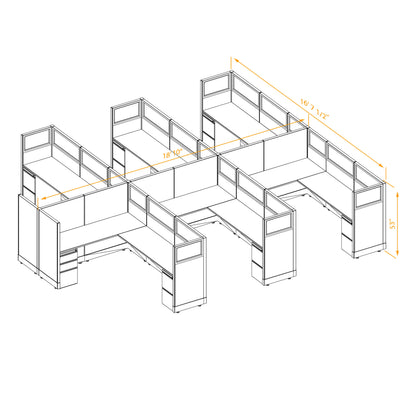 L-Shaped Cubicles Partial Glass 53H 6-Pack Cluster Non-Powered