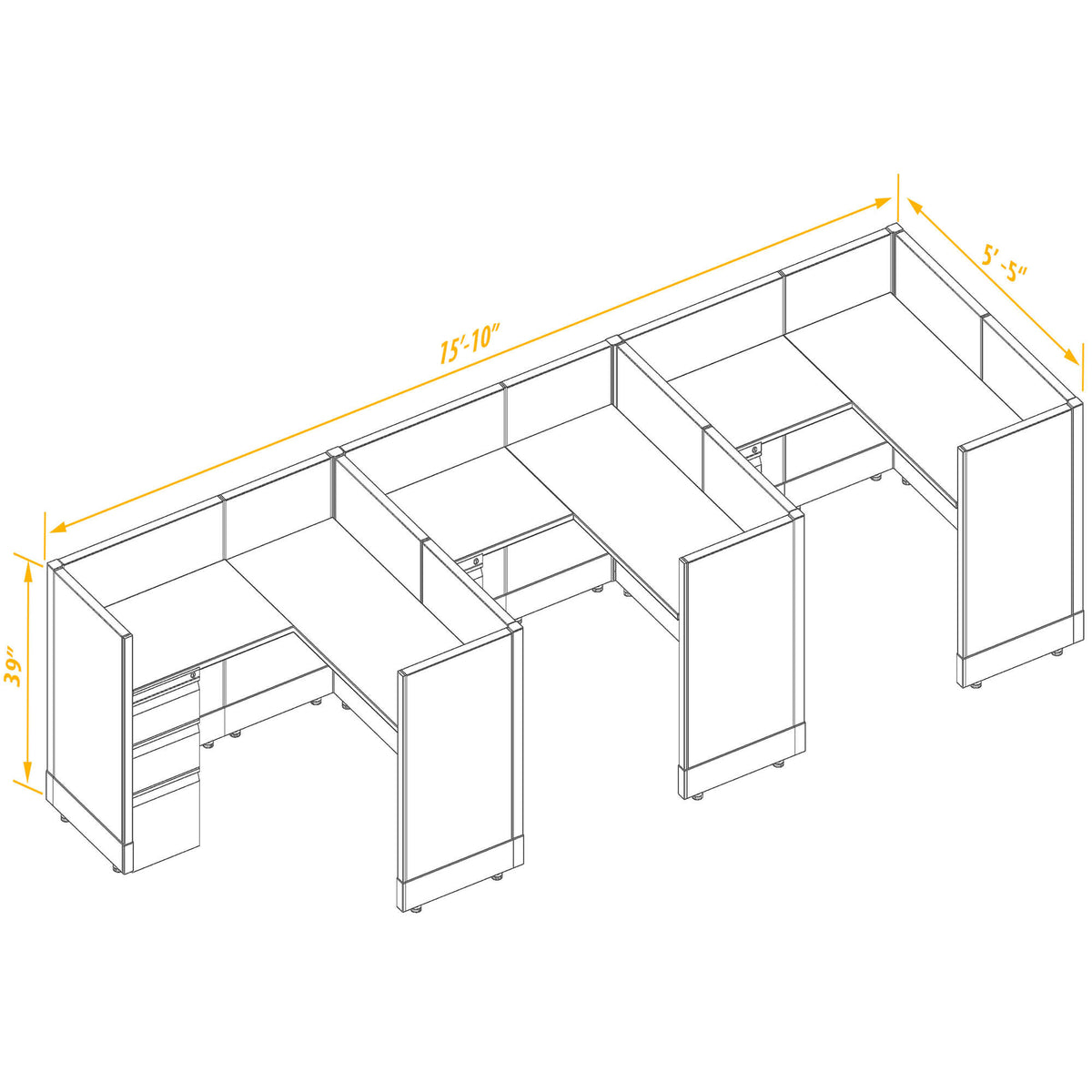 L-Shaped Cubicles 39H 3-Pack In-Line Non-Powered