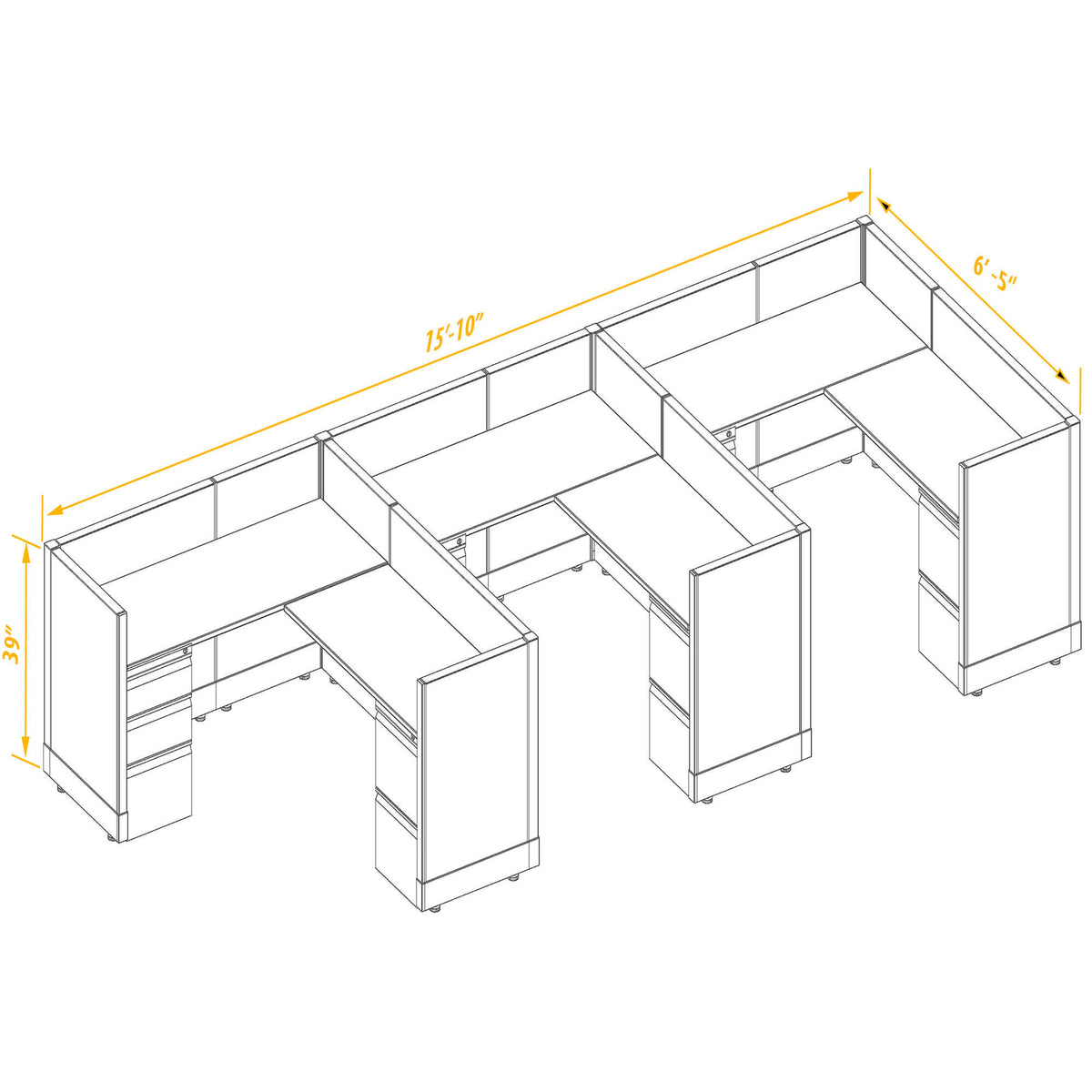 L-Shaped Cubicles 39H 3-Pack In-Line Non-Powered
