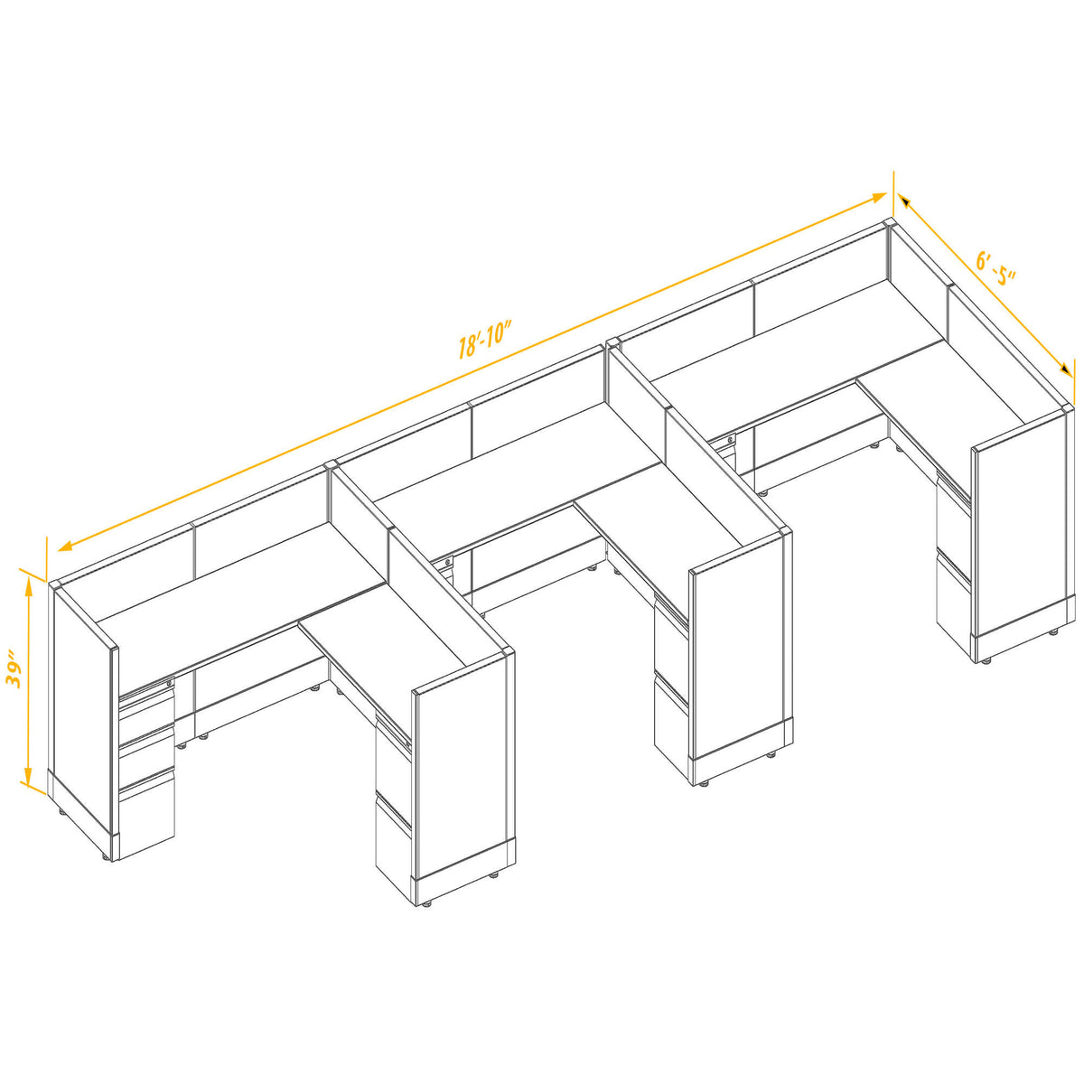 L-Shaped Cubicles 39H 3-Pack In-Line Non-Powered