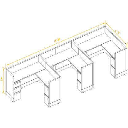 L-Shaped Cubicles 39H 3-Pack In-Line Non-Powered